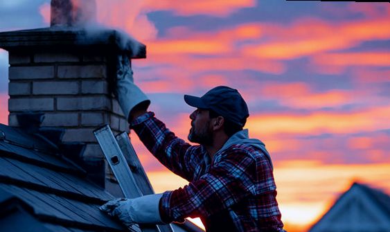 Tradesman on a ladder checking a working chimney against a Carolina sunset