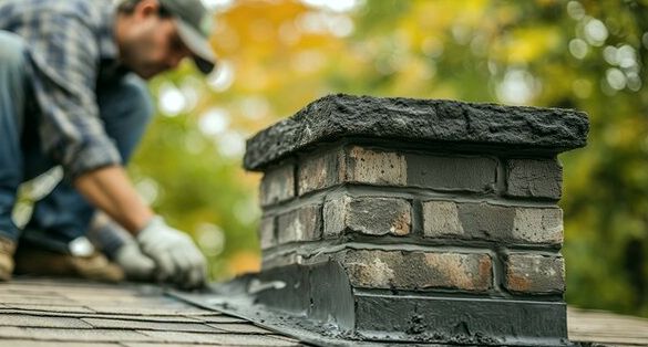 Fresh flashing sealed along the chimney base on an autumn afternoon