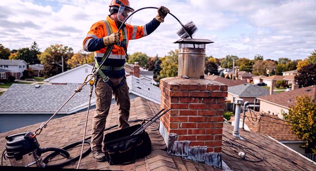 Technician feeding a flexible liner line into a capped flue, vacuum staged on the roof
