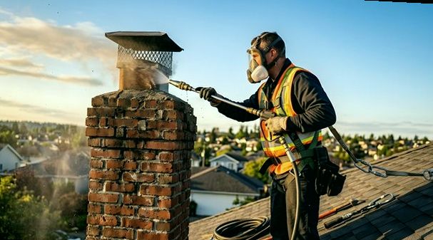 Crew member in a respirator washing down a chimney stack face