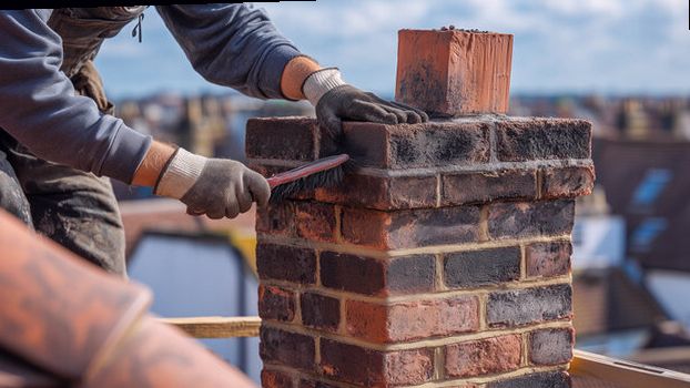 Stack top brushed out for repointing with fresh brick staged on the crown