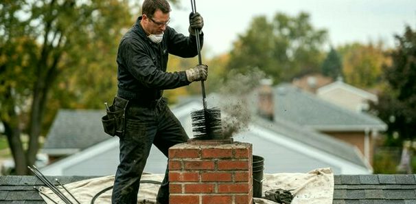 Sweep driving a rod brush down the flue from the roof, drop cloths spread